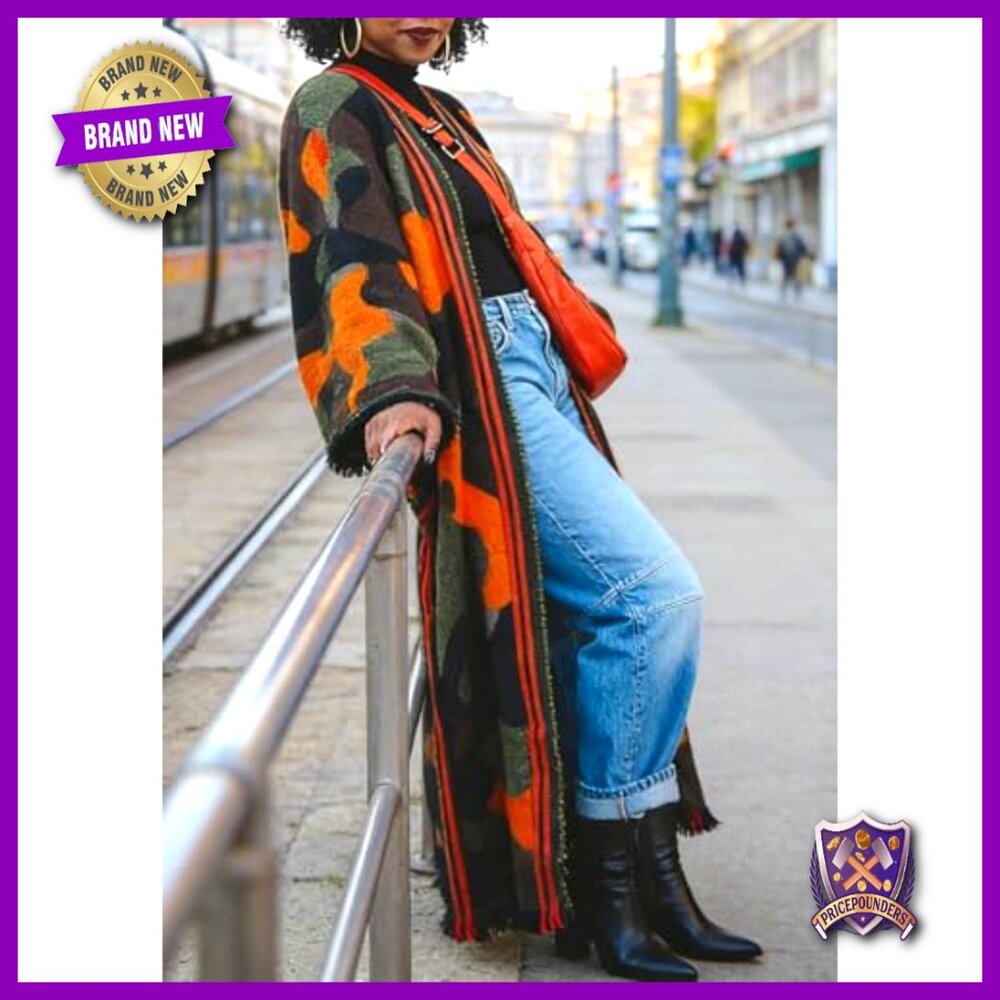 Long Camo Cardigan Open Front Oversized Chunky Knit Duster Sweater Coat - Picture 6 of 6